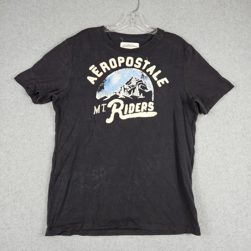 Aeropostale T-Shirt Mens Medium Black Mt Riders Mountain Cotton Short Sleeve Tee